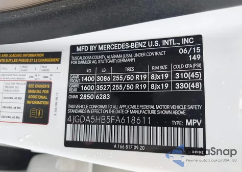 2015 Mercedes-Benz Ml 350 4Matic from USA, damaged, VIN 4JGDA5HB5FA618611
